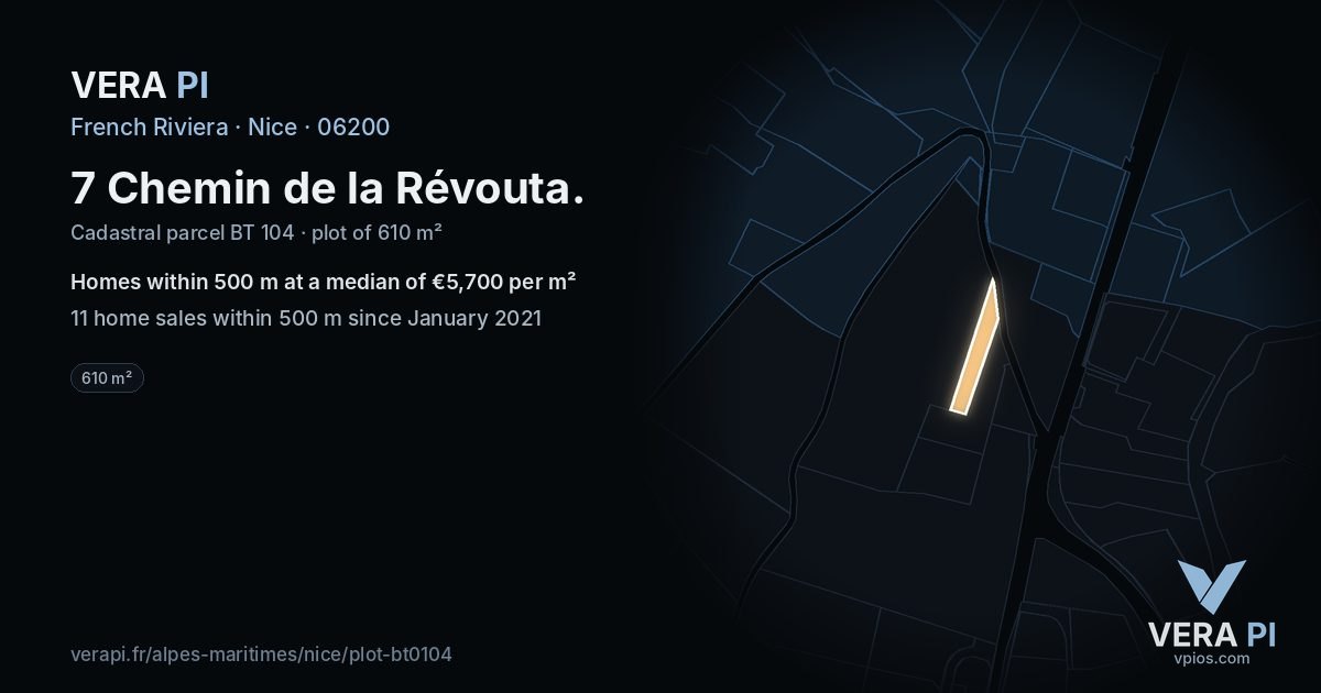 7 Chemin de la Révouta, Nice at night – the plot lit, the parcels around coloured by the prices near them