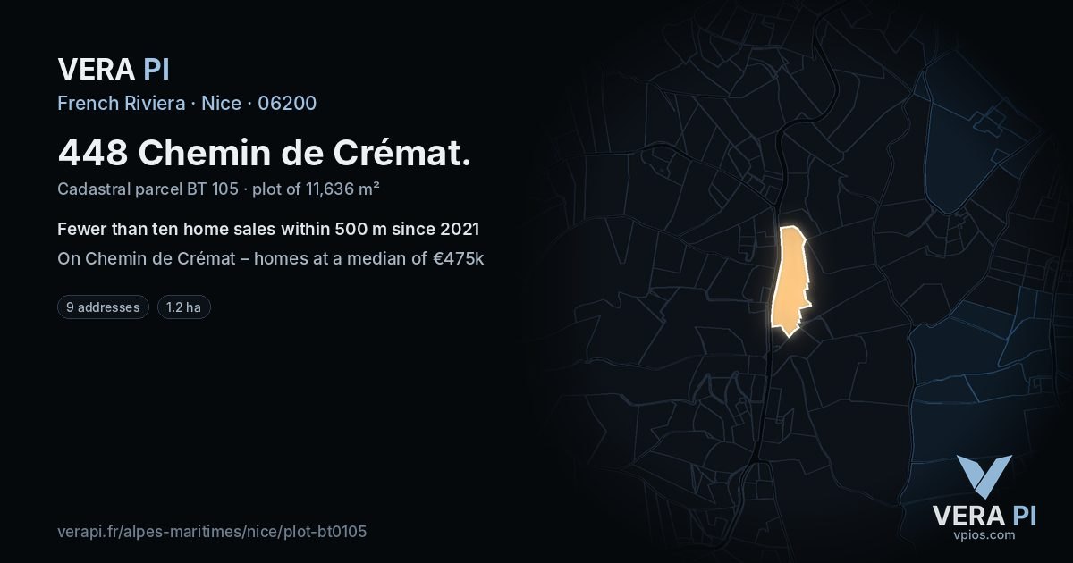 448 Chemin de Crémat, Nice at night – the plot lit, the parcels around coloured by the prices near them