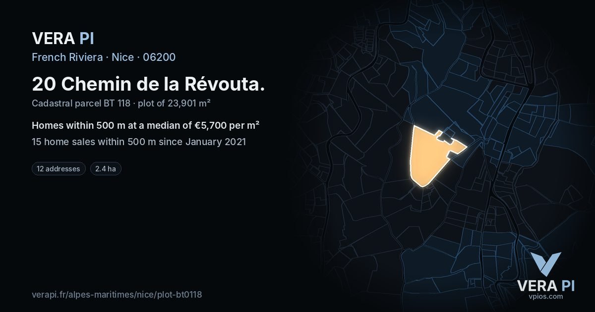 20 Chemin de la Révouta, Nice at night – the plot lit, the parcels around coloured by the prices near them