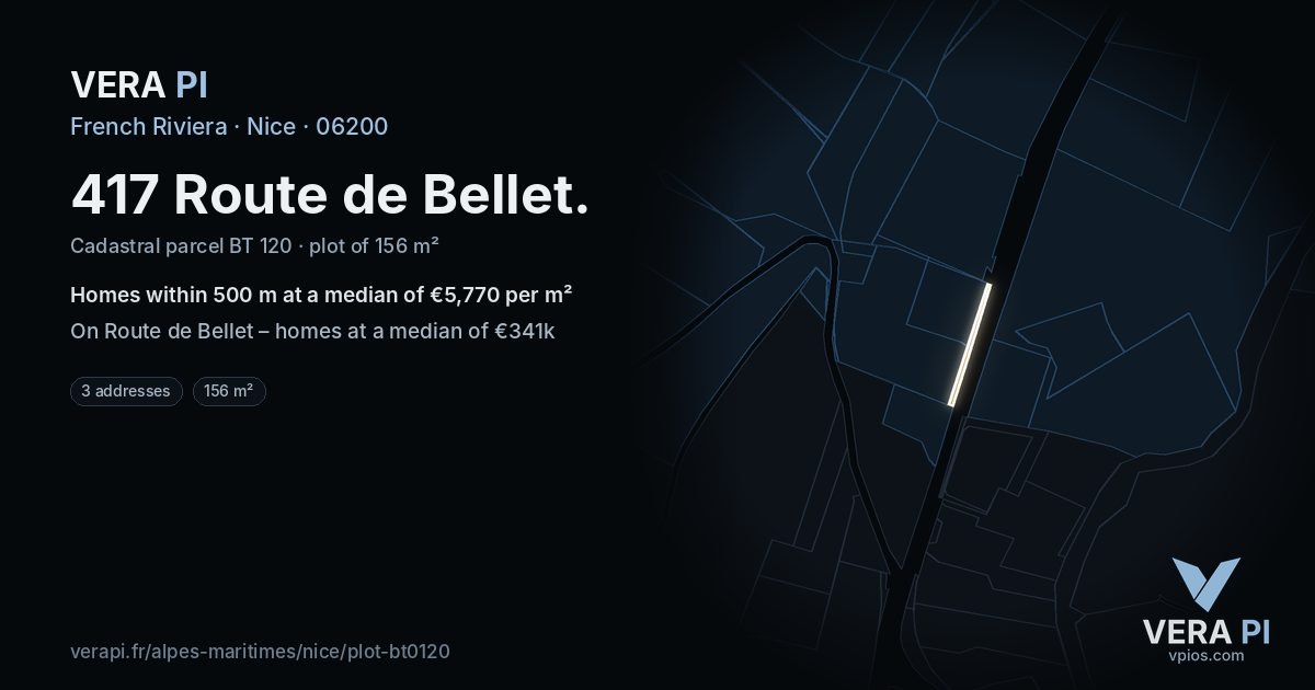417 Route de Bellet, Nice at night – the plot lit, the parcels around coloured by the prices near them