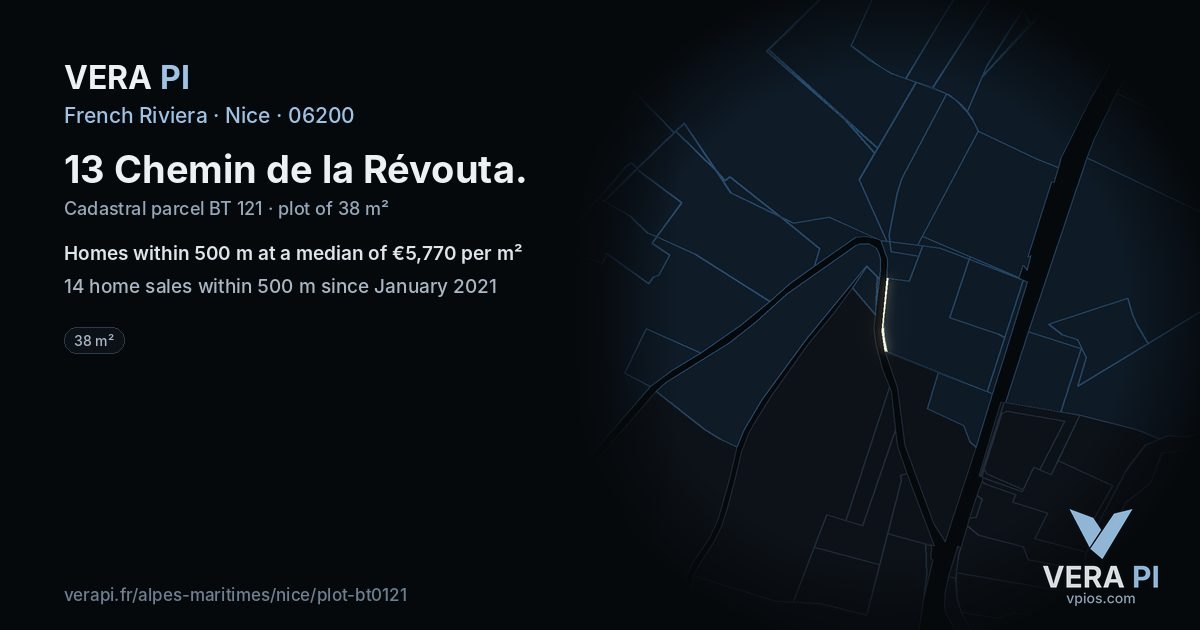 13 Chemin de la Révouta, Nice at night – the plot lit, the parcels around coloured by the prices near them