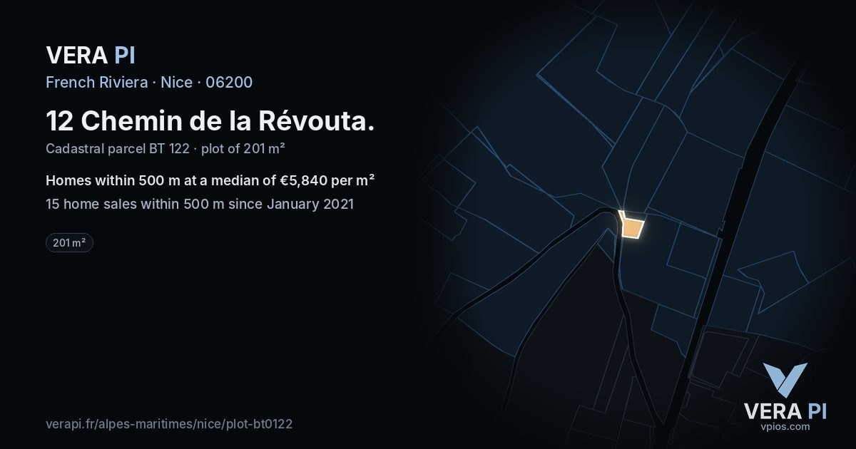 12 Chemin de la Révouta, Nice at night – the plot lit, the parcels around coloured by the prices near them