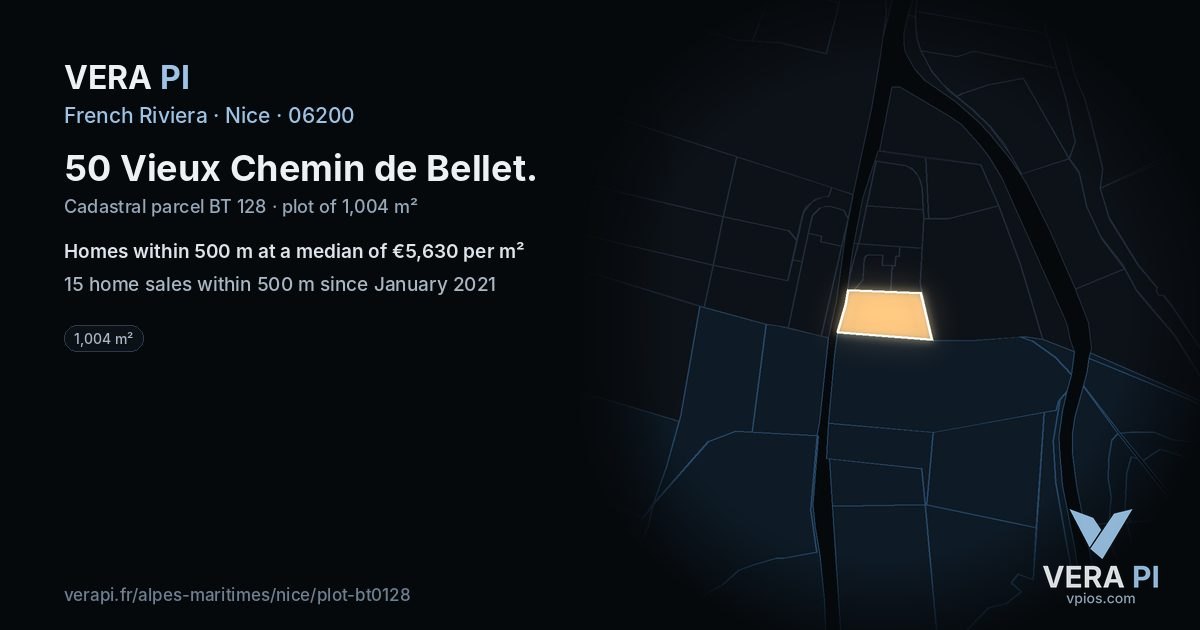 50 Vieux Chemin de Bellet, Nice at night – the plot lit, the parcels around coloured by the prices near them