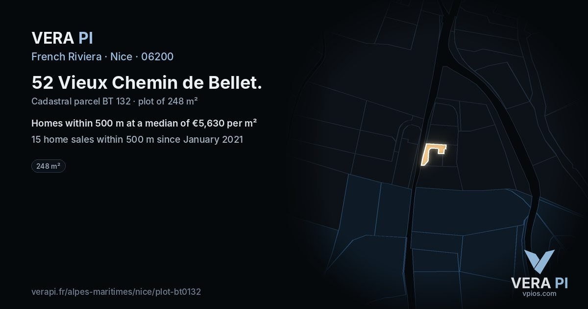 52 Vieux Chemin de Bellet, Nice at night – the plot lit, the parcels around coloured by the prices near them