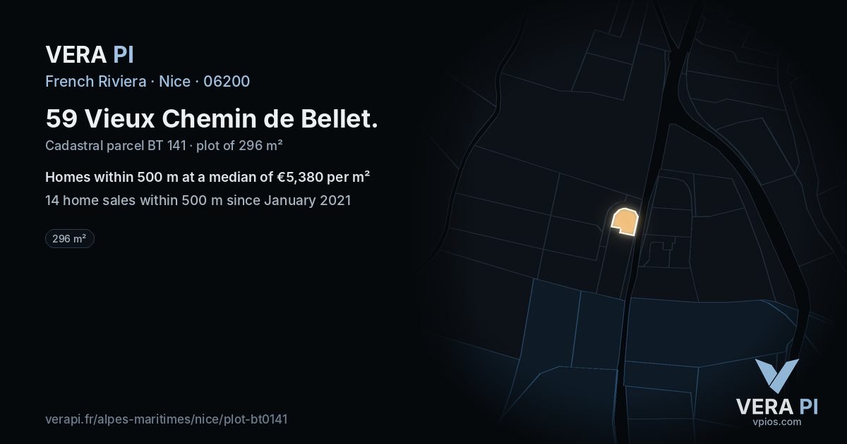 59 Vieux Chemin de Bellet, Nice at night – the plot lit, the parcels around coloured by the prices near them