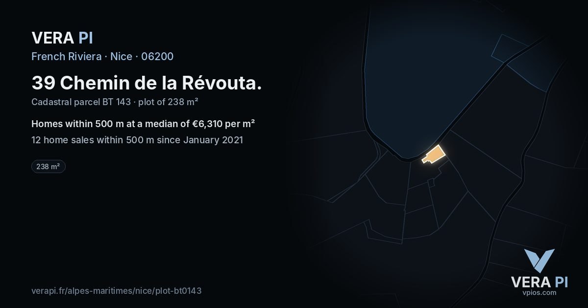 39 Chemin de la Révouta, Nice at night – the plot lit, the parcels around coloured by the prices near them
