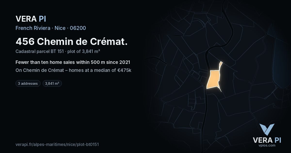 456 Chemin de Crémat, Nice at night – the plot lit, the parcels around coloured by the prices near them