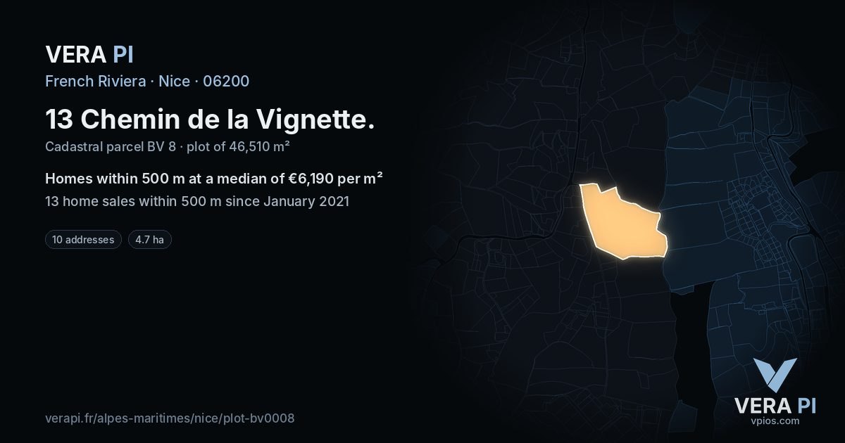 13 Chemin de la Vignette, Nice at night – the plot lit, the parcels around coloured by the prices near them