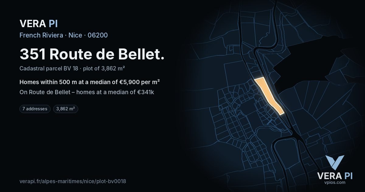 351 Route de Bellet, Nice at night – the plot lit, the parcels around coloured by the prices near them