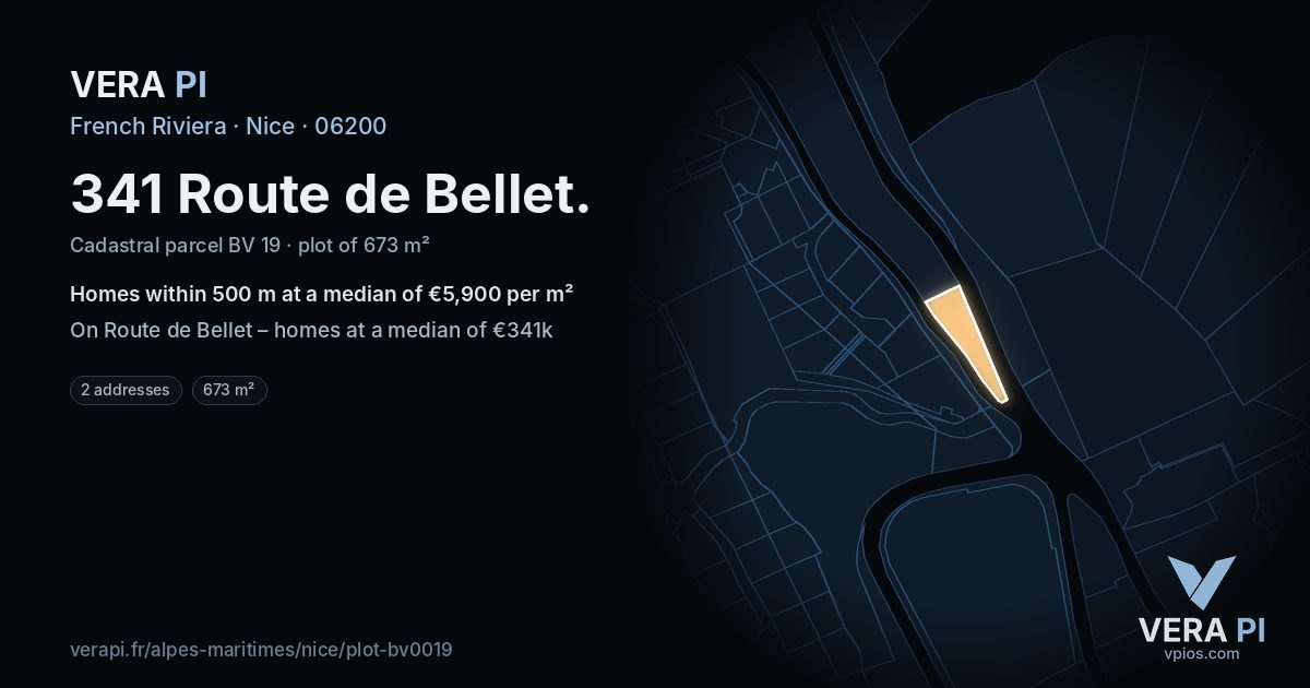 341 Route de Bellet, Nice at night – the plot lit, the parcels around coloured by the prices near them