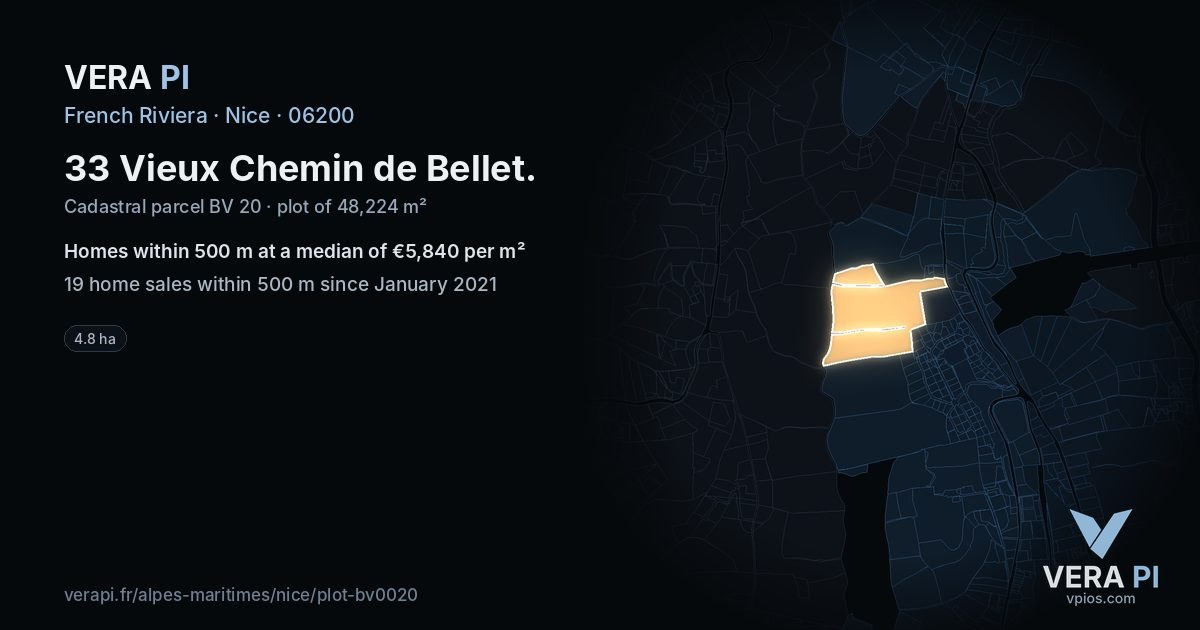 33 Vieux Chemin de Bellet, Nice at night – the plot lit, the parcels around coloured by the prices near them