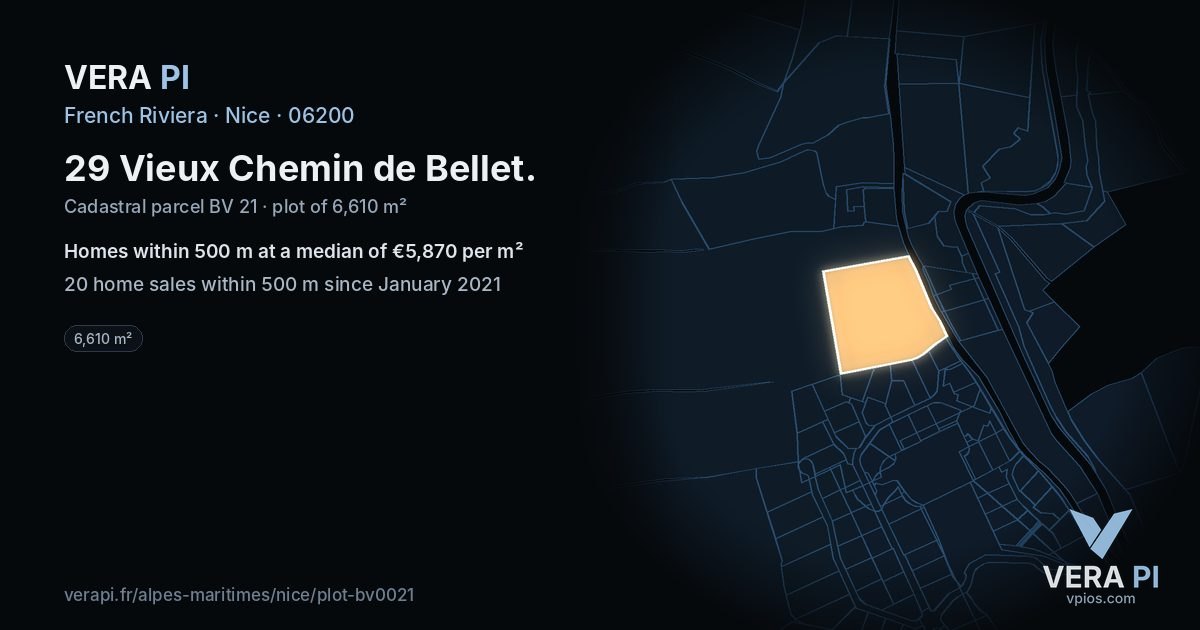 29 Vieux Chemin de Bellet, Nice at night – the plot lit, the parcels around coloured by the prices near them