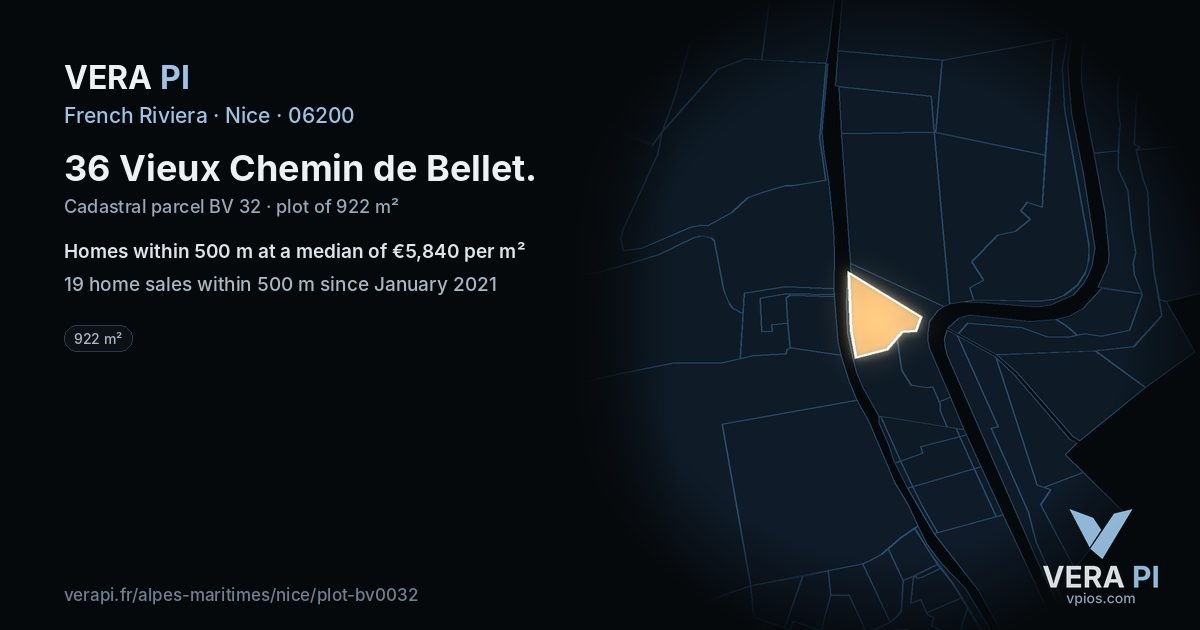 36 Vieux Chemin de Bellet, Nice at night – the plot lit, the parcels around coloured by the prices near them