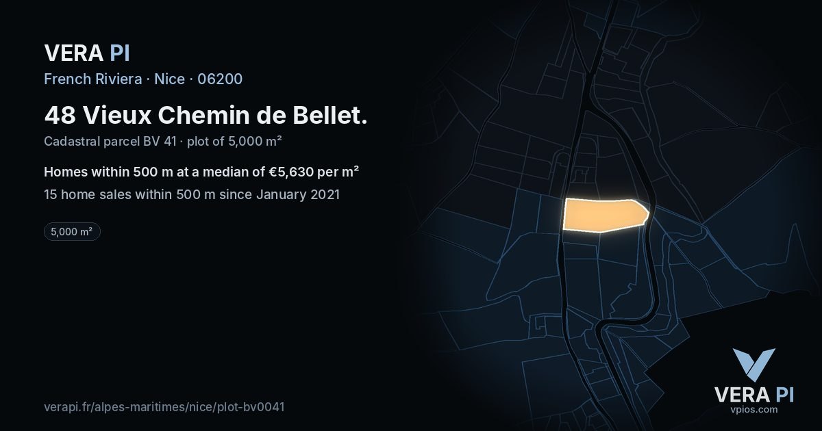 48 Vieux Chemin de Bellet, Nice at night – the plot lit, the parcels around coloured by the prices near them