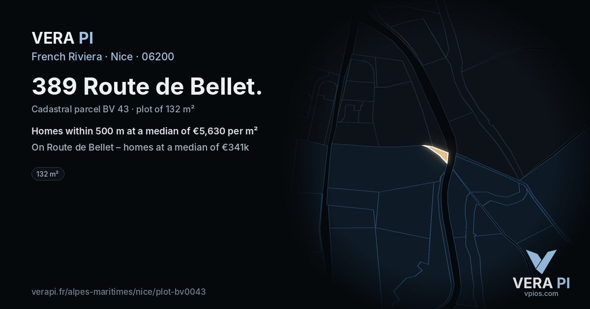 389 Route de Bellet, Nice at night – the plot lit, the parcels around coloured by the prices near them