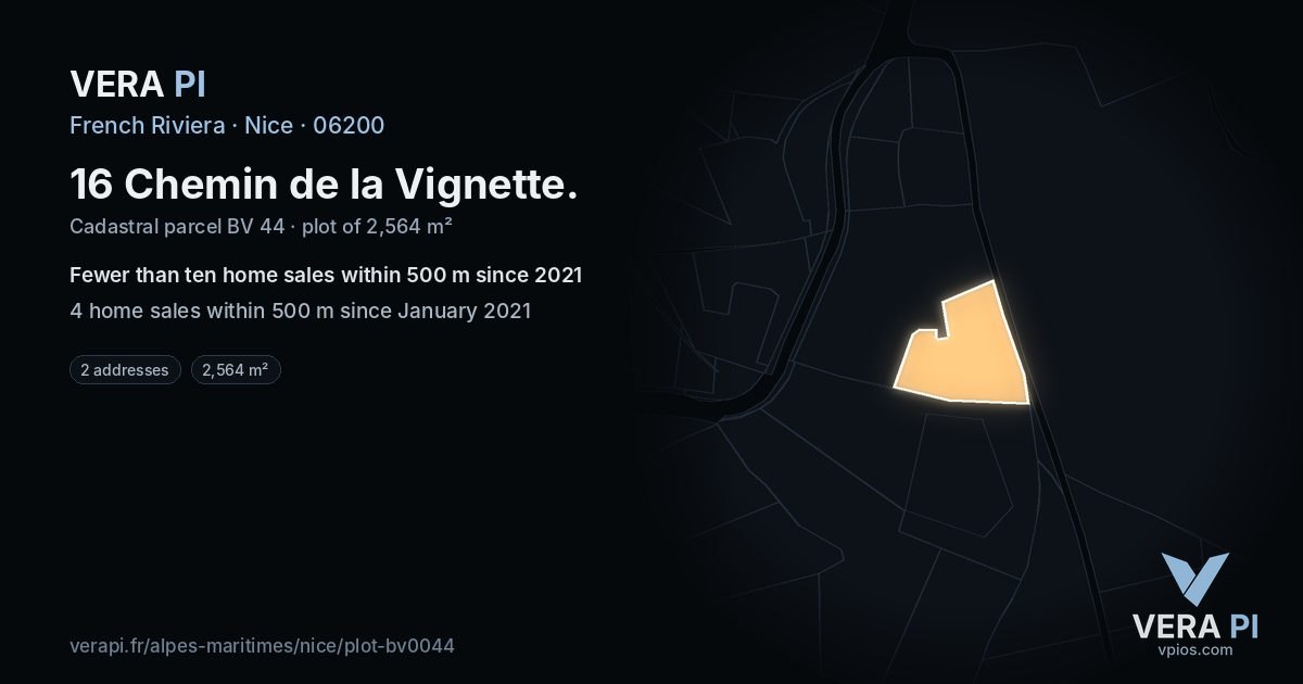 16 Chemin de la Vignette, Nice at night – the plot lit, the parcels around coloured by the prices near them