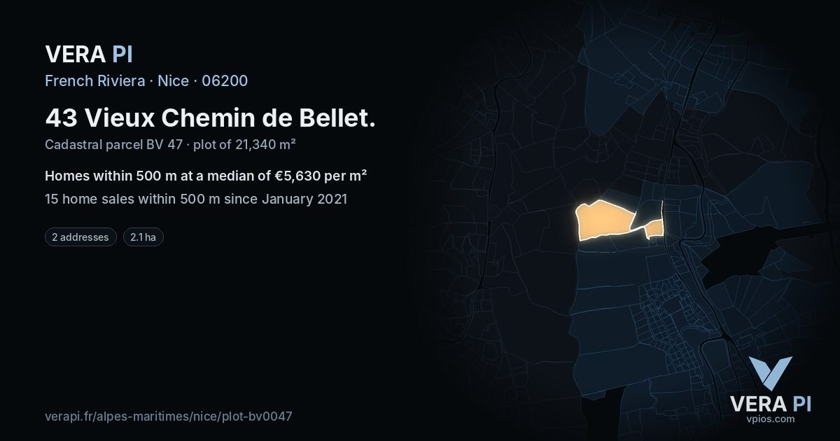 43 Vieux Chemin de Bellet, Nice at night – the plot lit, the parcels around coloured by the prices near them