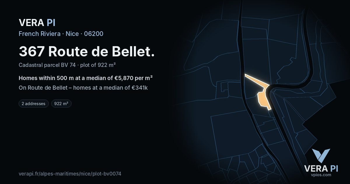 367 Route de Bellet, Nice at night – the plot lit, the parcels around coloured by the prices near them