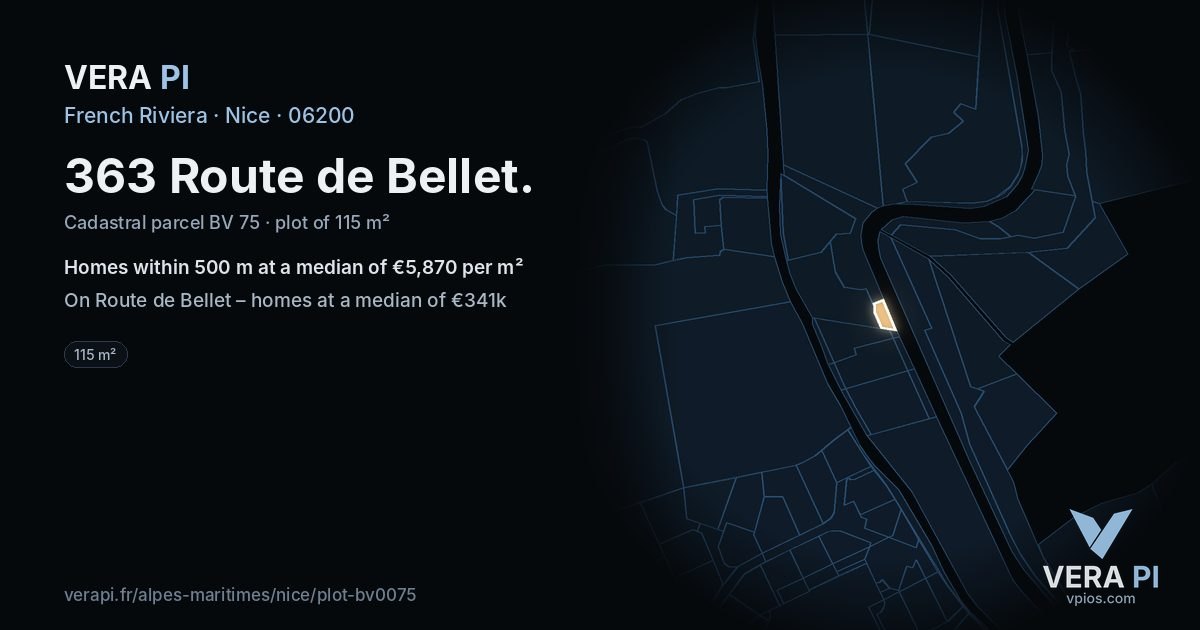 363 Route de Bellet, Nice at night – the plot lit, the parcels around coloured by the prices near them