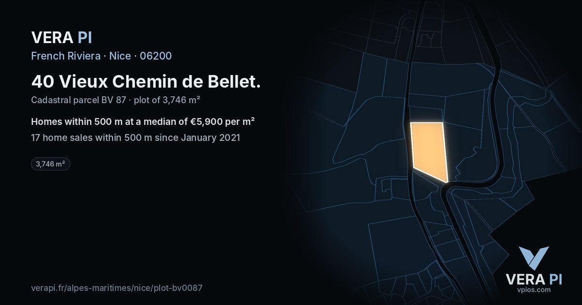 40 Vieux Chemin de Bellet, Nice at night – the plot lit, the parcels around coloured by the prices near them