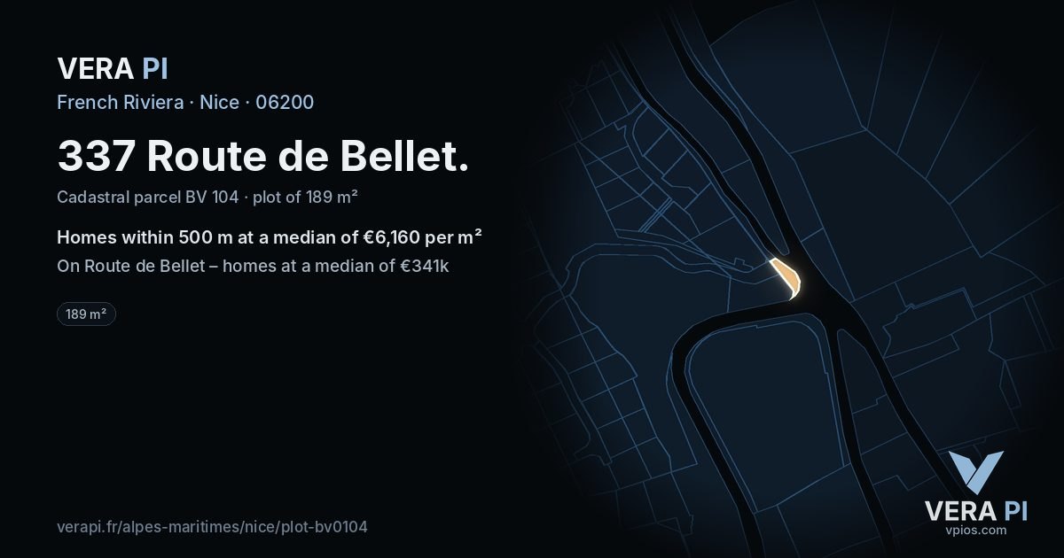 337 Route de Bellet, Nice at night – the plot lit, the parcels around coloured by the prices near them