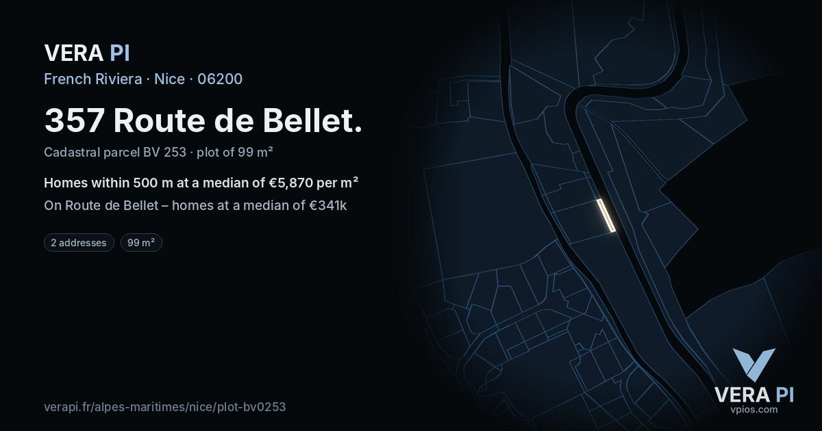 357 Route de Bellet, Nice at night – the plot lit, the parcels around coloured by the prices near them