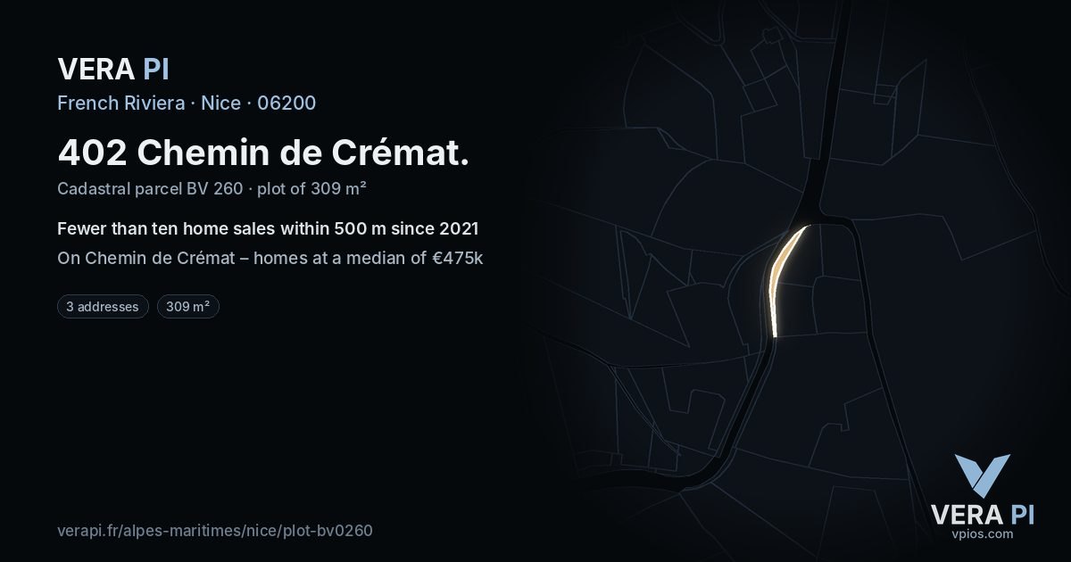 402 Chemin de Crémat, Nice at night – the plot lit, the parcels around coloured by the prices near them