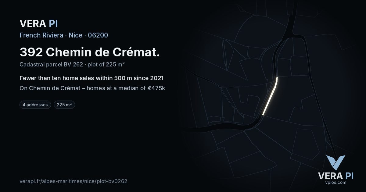 392 Chemin de Crémat, Nice at night – the plot lit, the parcels around coloured by the prices near them