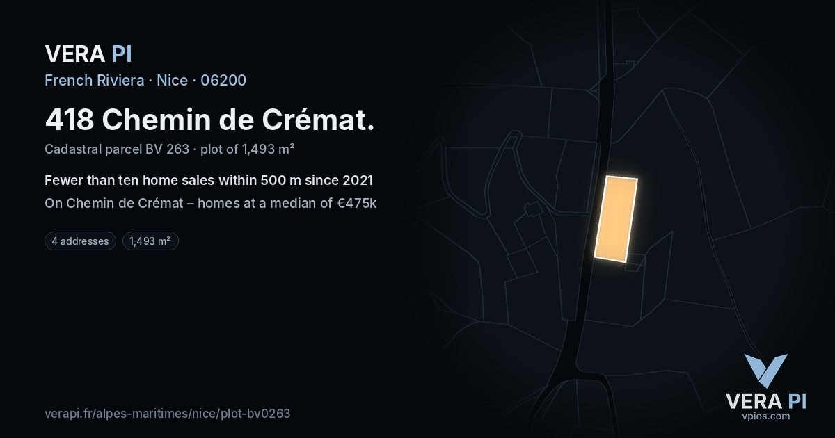 418 Chemin de Crémat, Nice at night – the plot lit, the parcels around coloured by the prices near them