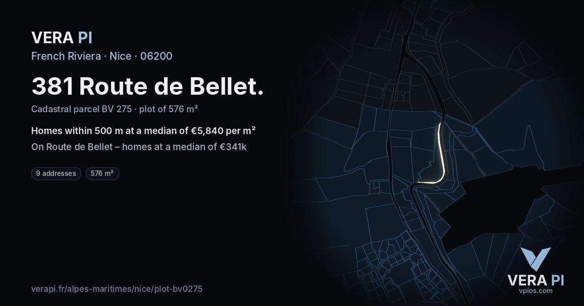 381 Route de Bellet, Nice at night – the plot lit, the parcels around coloured by the prices near them