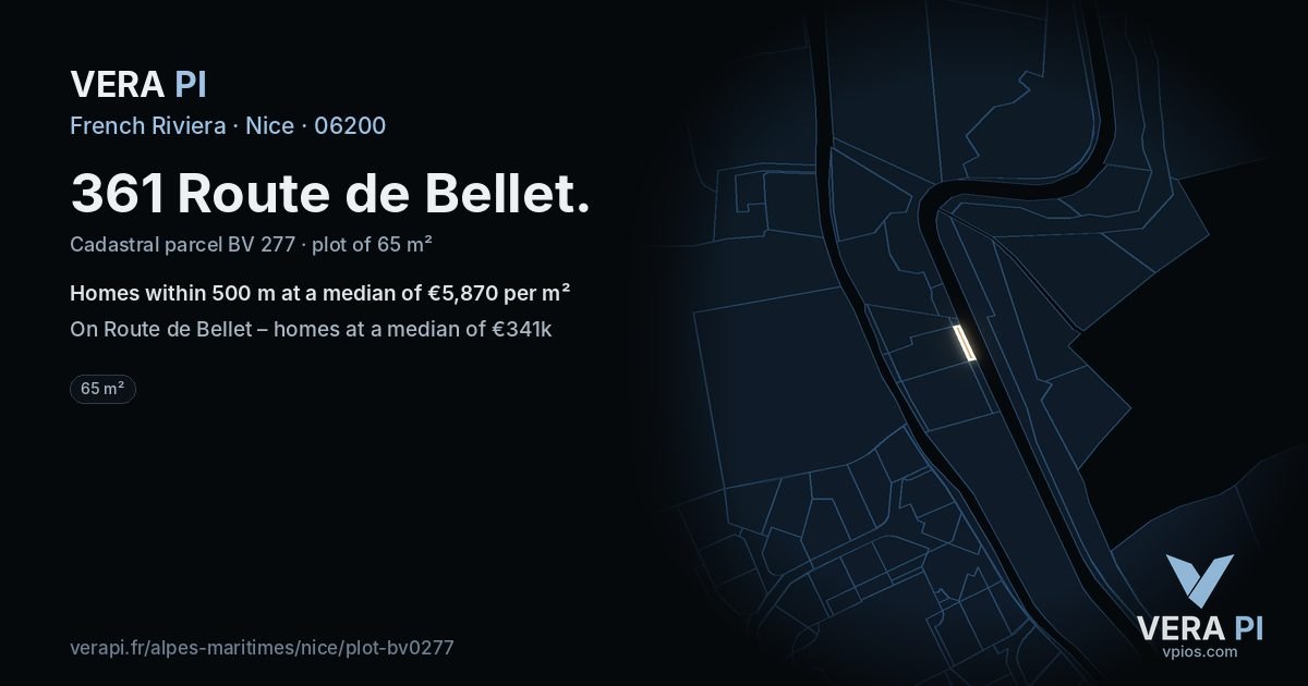 361 Route de Bellet, Nice at night – the plot lit, the parcels around coloured by the prices near them