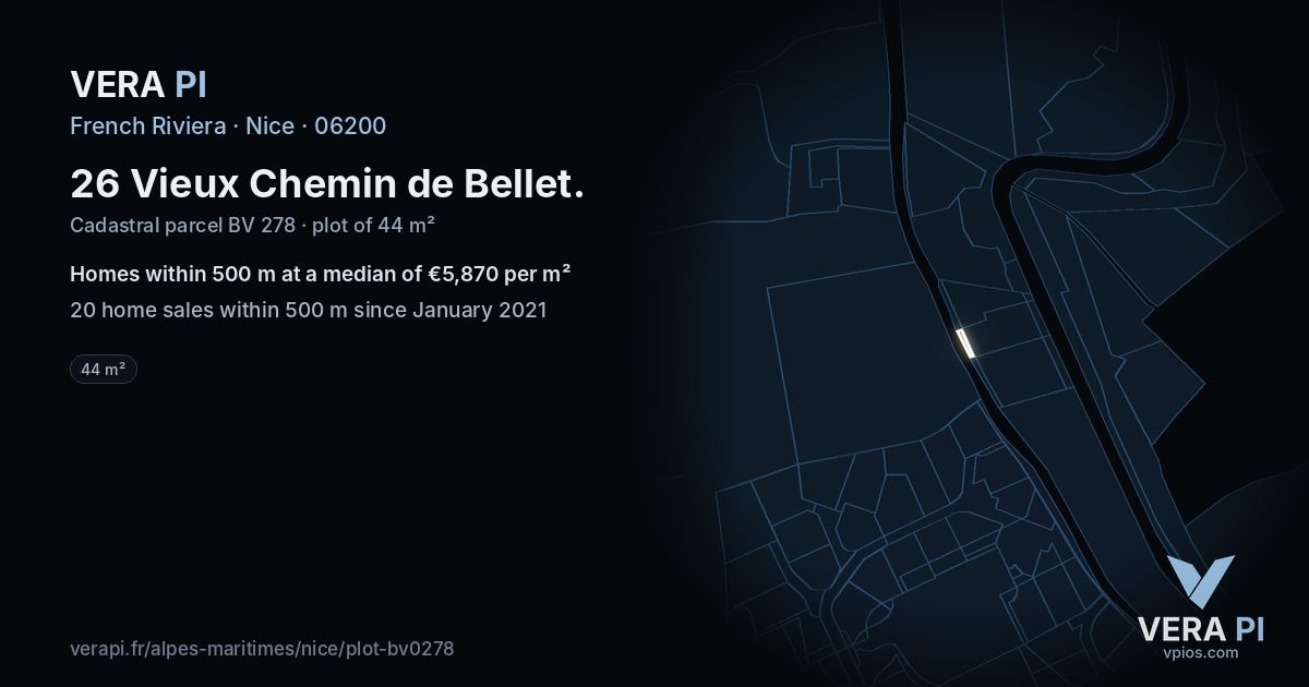 26 Vieux Chemin de Bellet, Nice at night – the plot lit, the parcels around coloured by the prices near them
