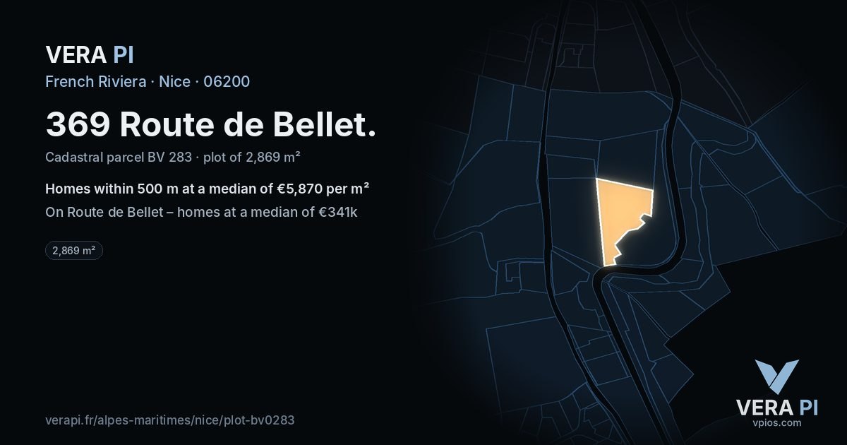 369 Route de Bellet, Nice at night – the plot lit, the parcels around coloured by the prices near them