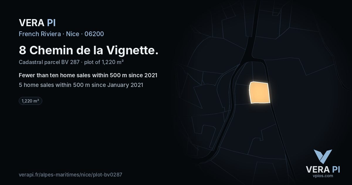 8 Chemin de la Vignette, Nice at night – the plot lit, the parcels around coloured by the prices near them