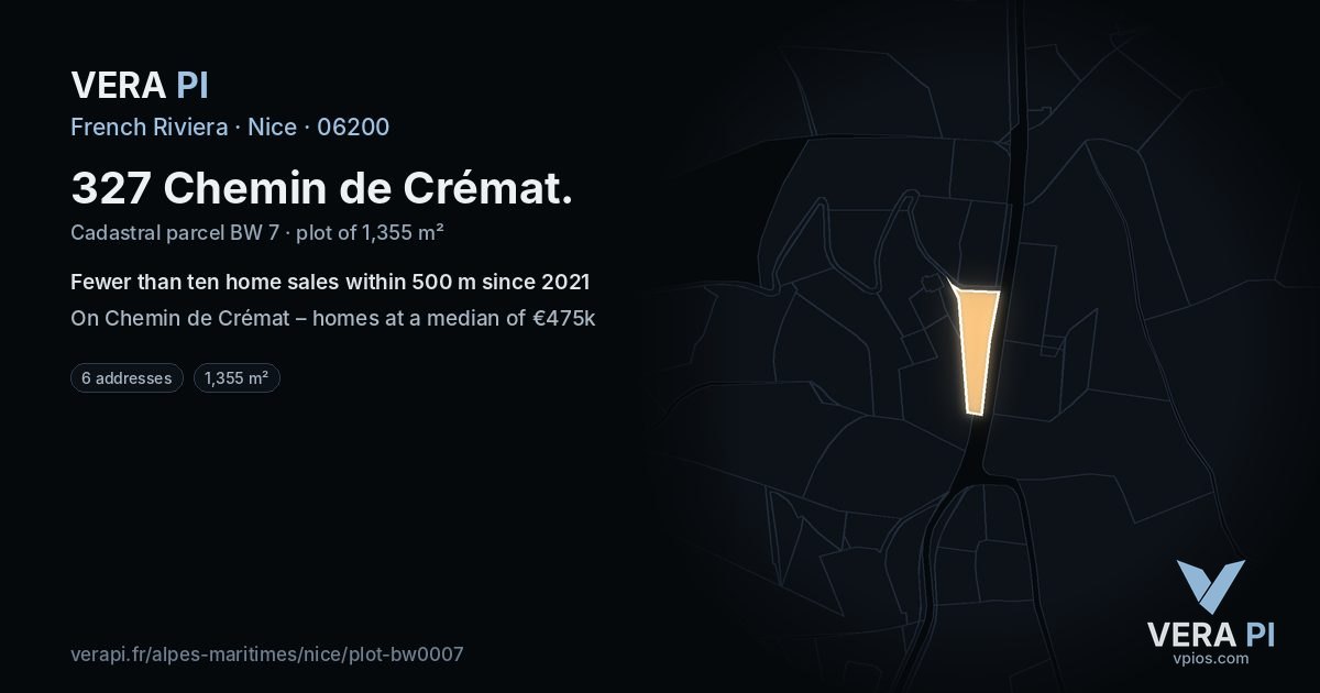 327 Chemin de Crémat, Nice at night – the plot lit, the parcels around coloured by the prices near them