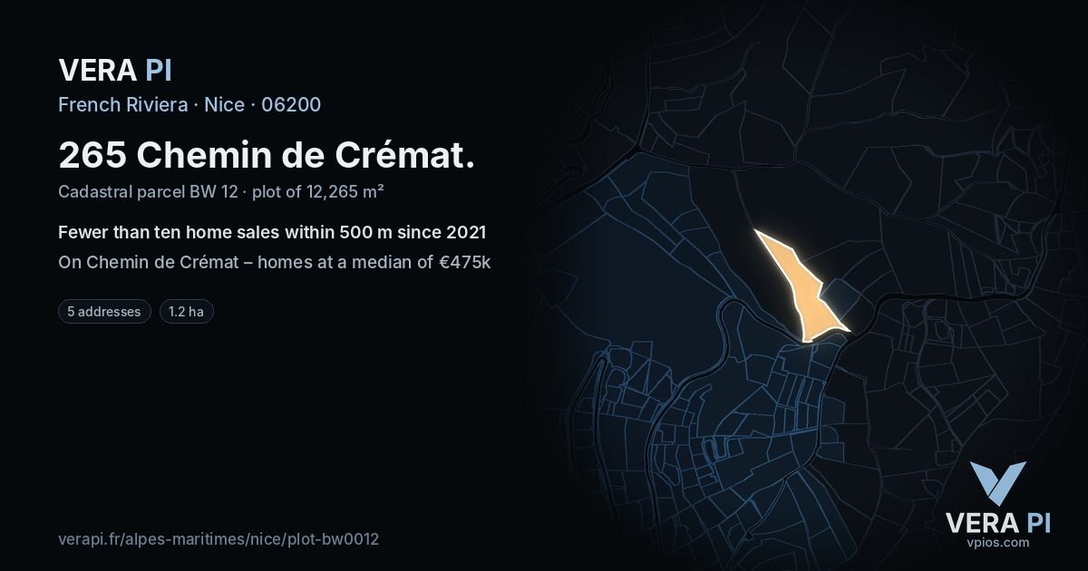 265 Chemin de Crémat, Nice at night – the plot lit, the parcels around coloured by the prices near them
