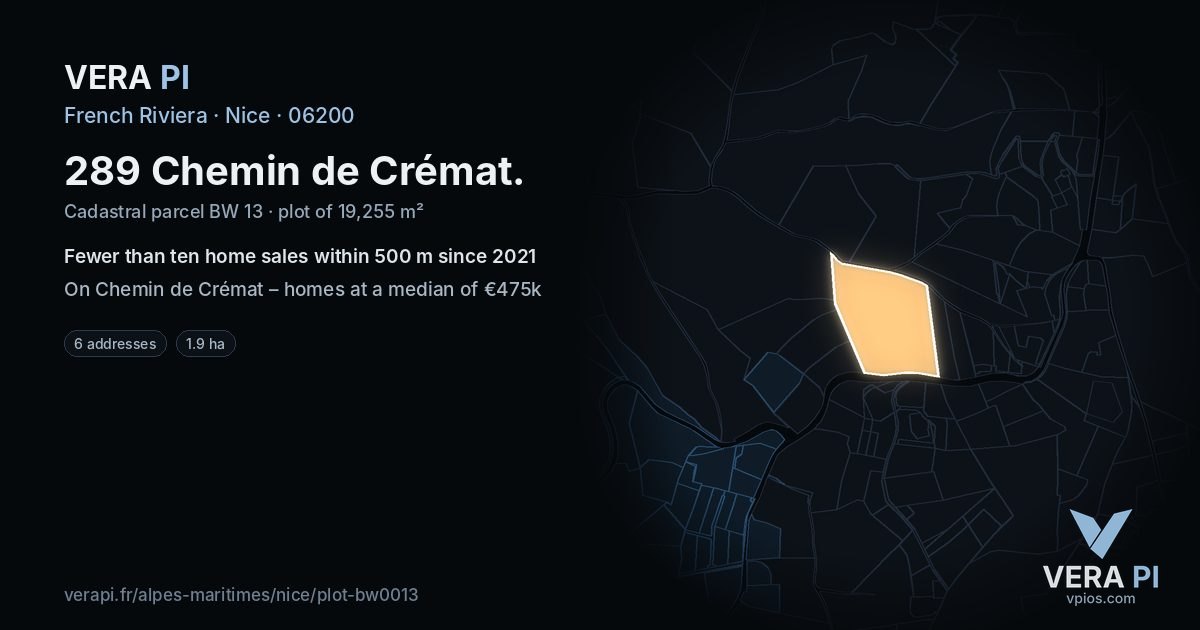 289 Chemin de Crémat, Nice at night – the plot lit, the parcels around coloured by the prices near them