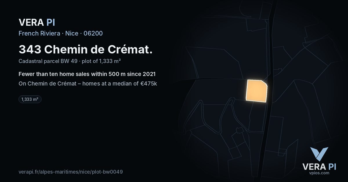 343 Chemin de Crémat, Nice at night – the plot lit, the parcels around coloured by the prices near them
