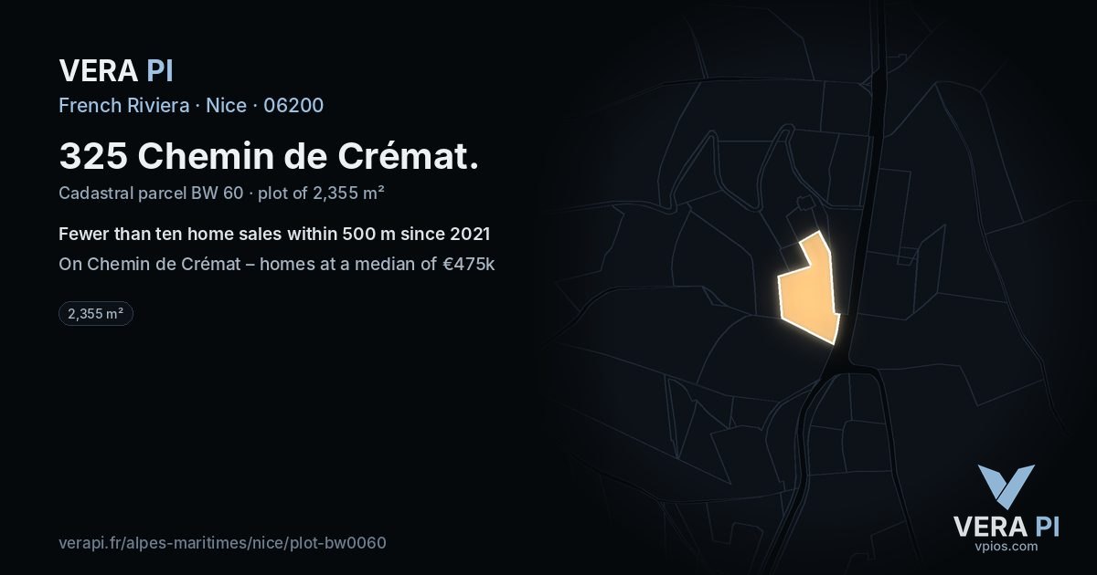 325 Chemin de Crémat, Nice at night – the plot lit, the parcels around coloured by the prices near them