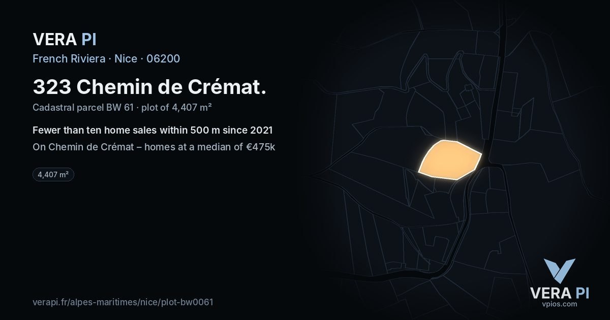 323 Chemin de Crémat, Nice at night – the plot lit, the parcels around coloured by the prices near them