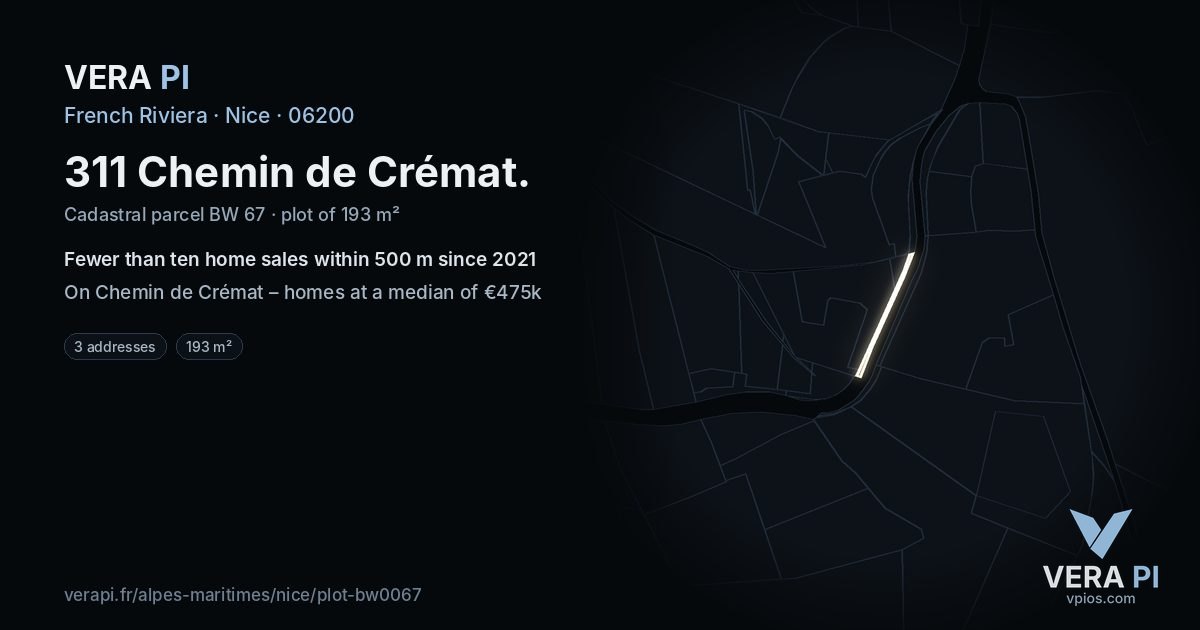 311 Chemin de Crémat, Nice at night – the plot lit, the parcels around coloured by the prices near them