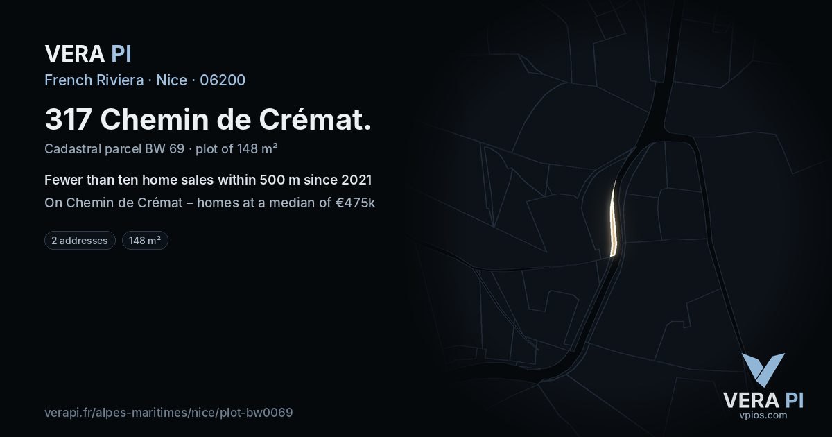 317 Chemin de Crémat, Nice at night – the plot lit, the parcels around coloured by the prices near them