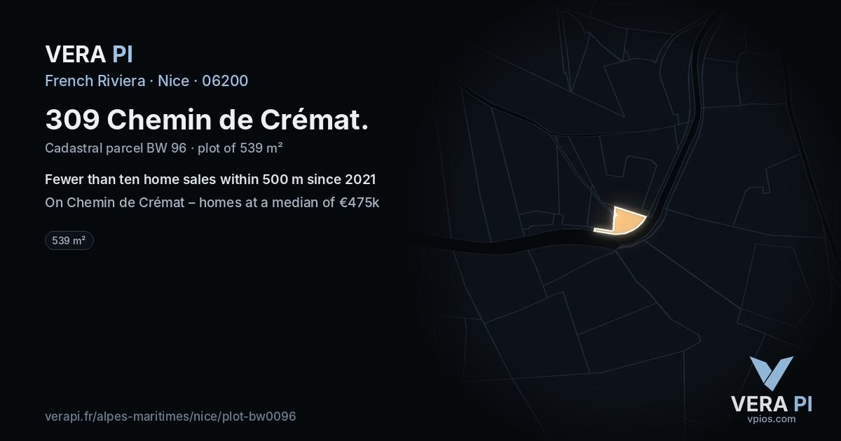 309 Chemin de Crémat, Nice at night – the plot lit, the parcels around coloured by the prices near them