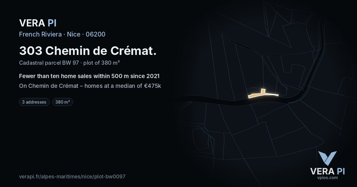 303 Chemin de Crémat, Nice at night – the plot lit, the parcels around coloured by the prices near them