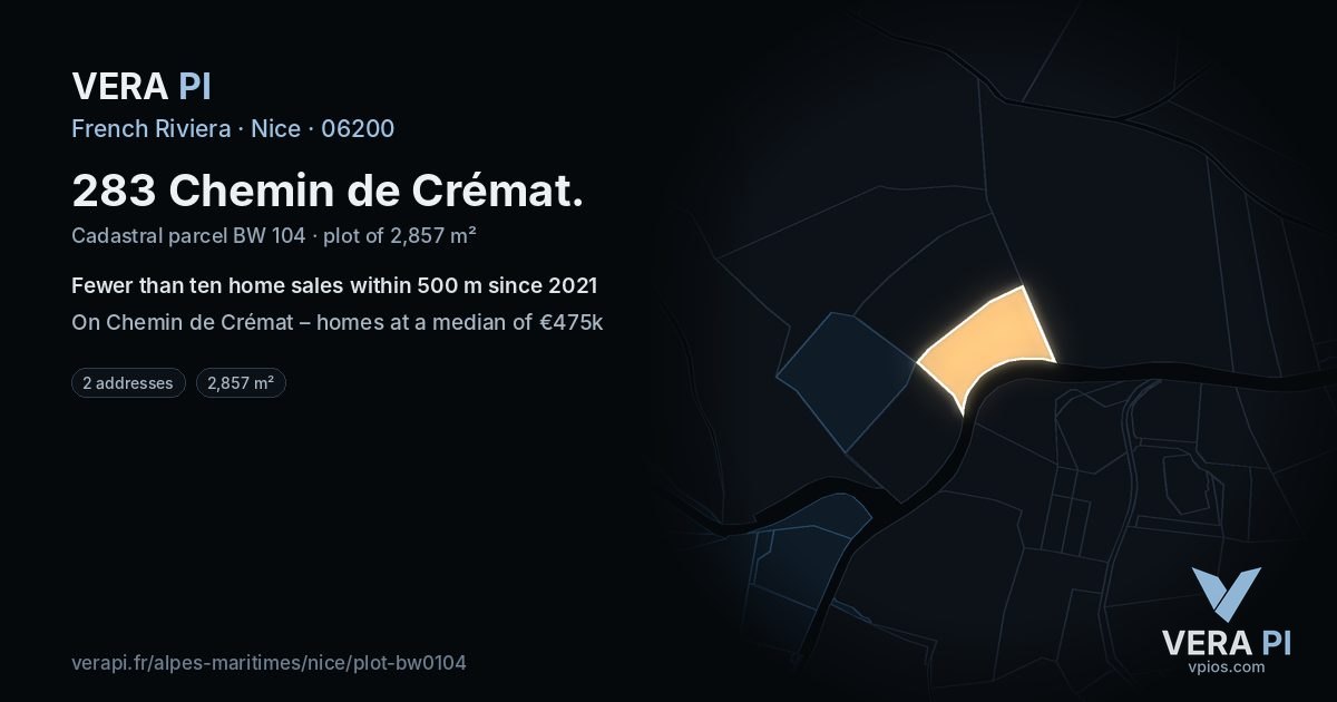 283 Chemin de Crémat, Nice at night – the plot lit, the parcels around coloured by the prices near them