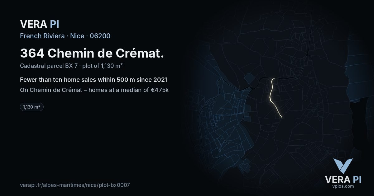 364 Chemin de Crémat, Nice at night – the plot lit, the parcels around coloured by the prices near them