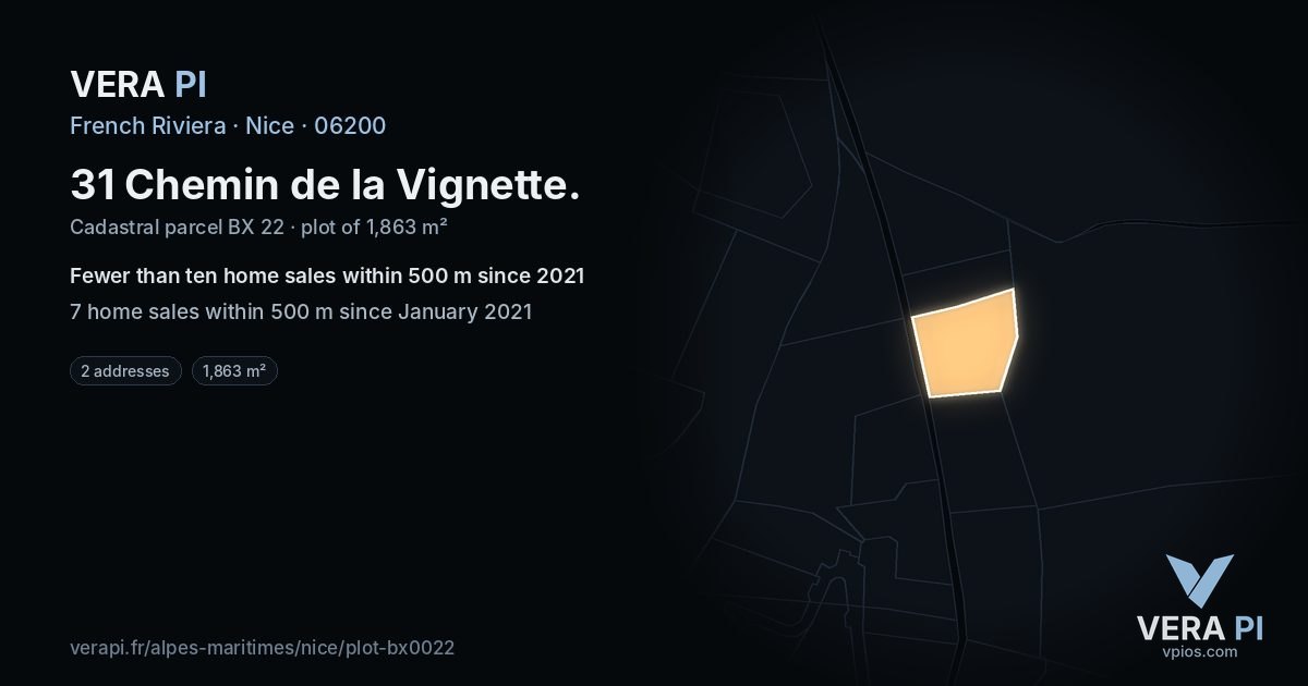 31 Chemin de la Vignette, Nice at night – the plot lit, the parcels around coloured by the prices near them