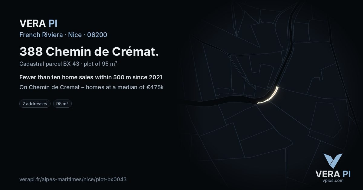 388 Chemin de Crémat, Nice at night – the plot lit, the parcels around coloured by the prices near them
