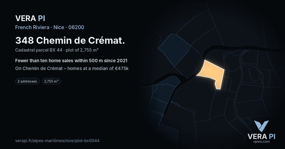348 Chemin de Crémat, Nice at night – the plot lit, the parcels around coloured by the prices near them