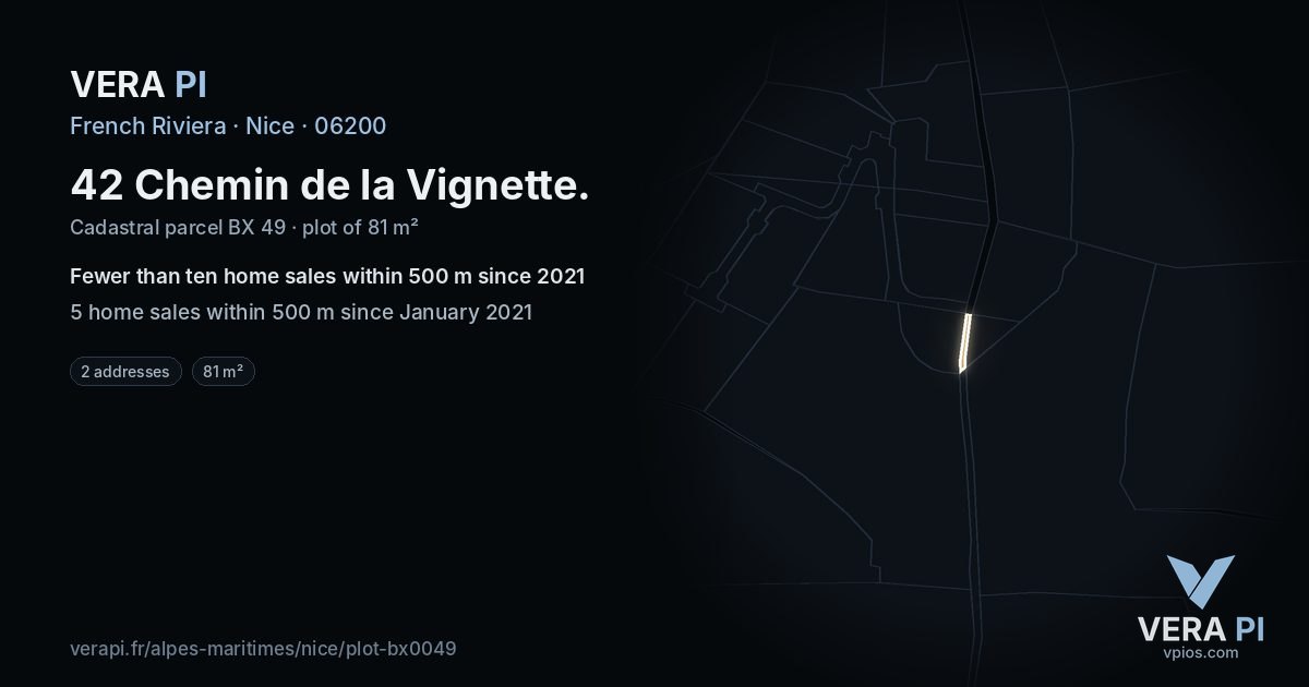 42 Chemin de la Vignette, Nice at night – the plot lit, the parcels around coloured by the prices near them